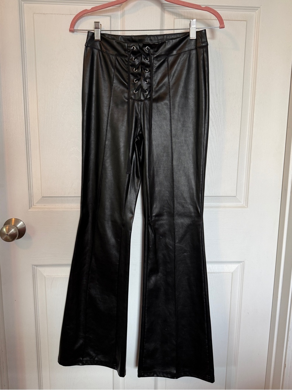 Black Faux Leather Lace-Up Flared Pants